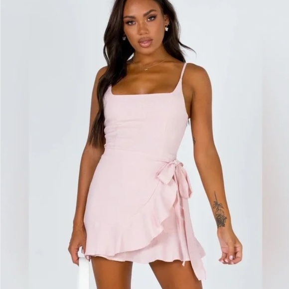 Oh Polly Blush Pink Wrap Front Bow Ruffle Mini Dress Size 8 - Picture 1 of 4